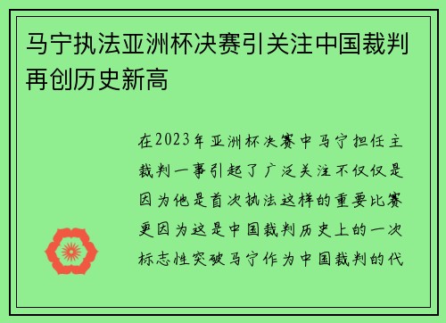 马宁执法亚洲杯决赛引关注中国裁判再创历史新高 马宁执法亚洲杯决赛引关注中国裁判再创历史新高