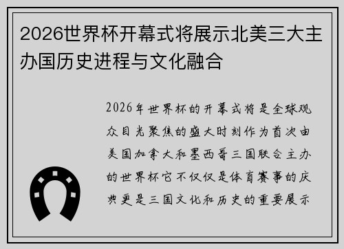 2026世界杯开幕式将展示北美三大主办国历史进程与文化融合 2026世界杯开幕式将展示北美三大主办国历史进程与文化融合