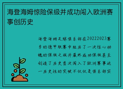 海登海姆惊险保级并成功闯入欧洲赛事创历史